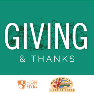 Giving and Thanks - Red Wolf Lakeside Lodge and High Fives Foundation
